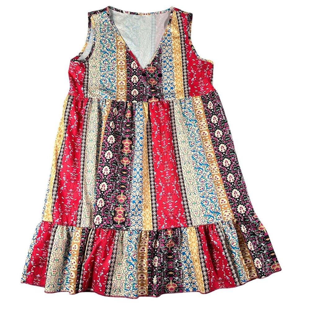 Bohemian L Multicolor Sleeveless V-Neck Dress‎ Tiered Hem Polyester Lightweight